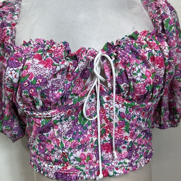 (A3) By Love & Lemons Puff Sleeve Crop Top Floral Print Underwire Top, Size XS - Picture 3 of 16